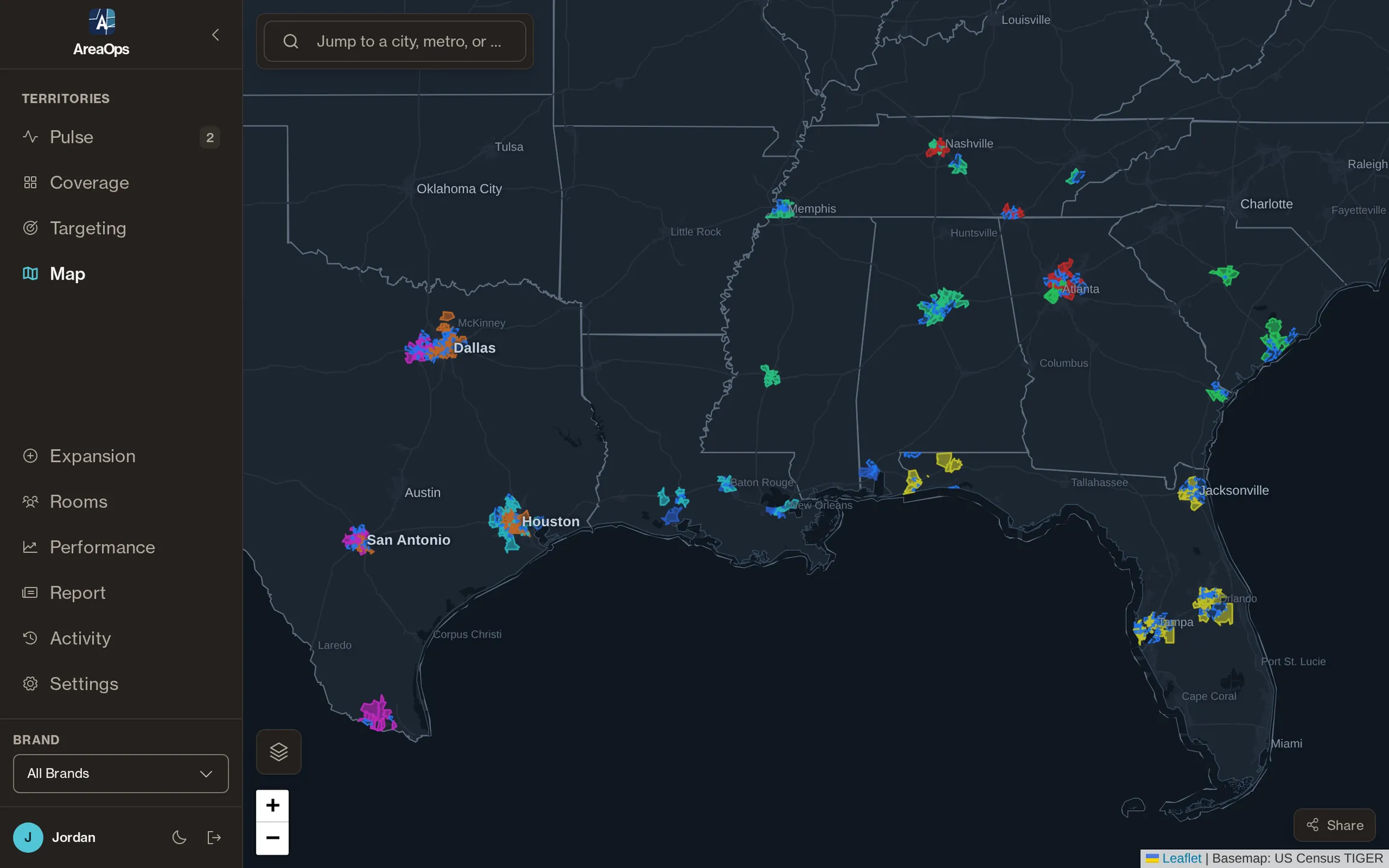 AreaOps map editor showing eight brands' ZIP territories across the southern US on a Census TIGER basemap