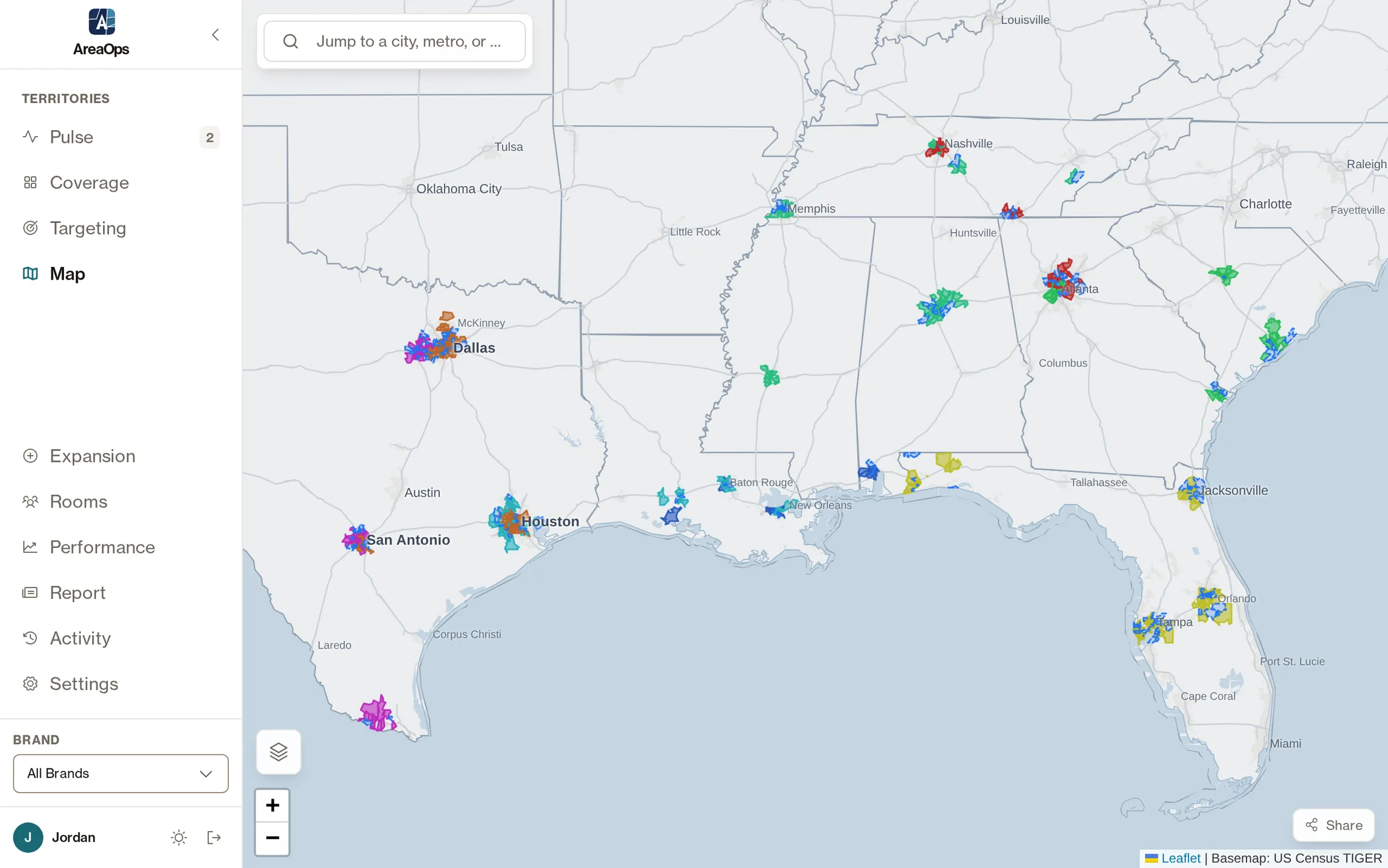 AreaOps map editor showing eight brands' ZIP territories across the southern US on a Census TIGER basemap