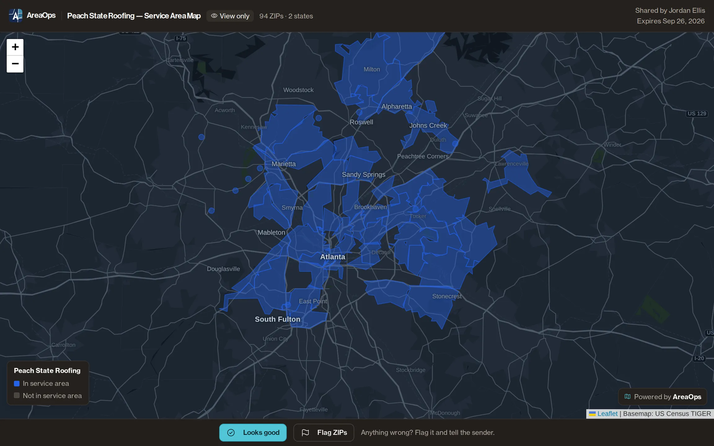 A read-only AreaOps share link open in a browser, zoomed to the Atlanta metro: Peach State Roofing's ZIP territory shaded over a Census TIGER basemap, with a View only badge and an expiry date