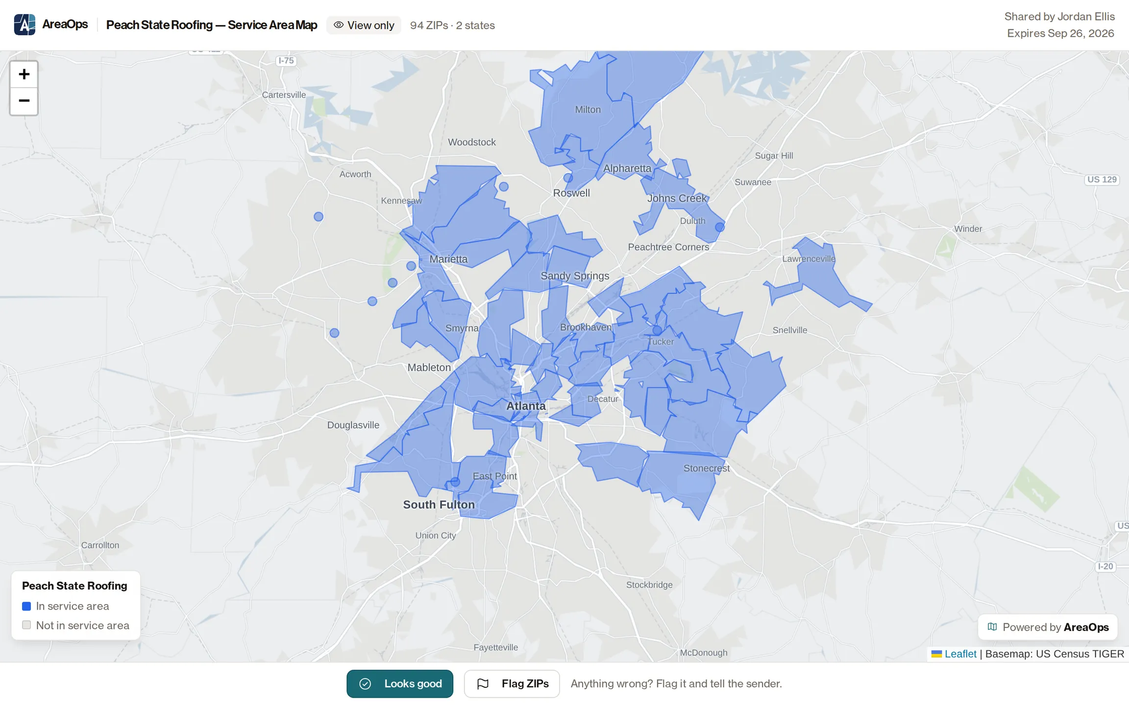 A read-only AreaOps share link open in a browser, zoomed to the Atlanta metro: Peach State Roofing's ZIP territory shaded over a Census TIGER basemap, with a View only badge and an expiry date